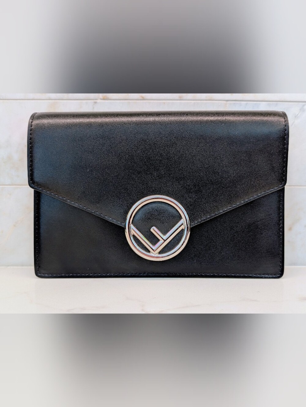 Fendi Black Leather Wallet-On-Chain with Silver Logo